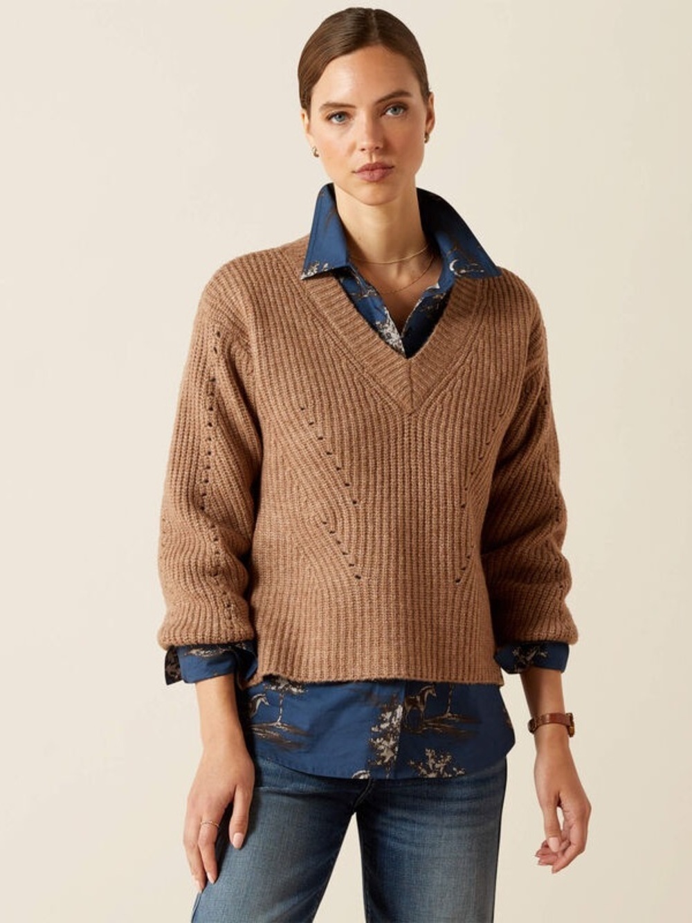 Ariat Blaydon Sweater - Ribbed V-Neck, Balloon Sleeves Woodsmoke Heather - Large